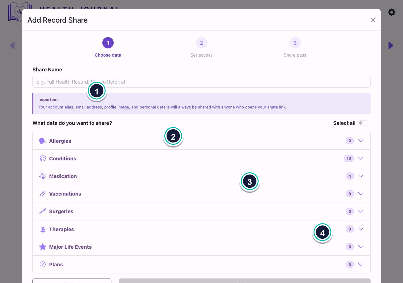 Share wizard choose data step