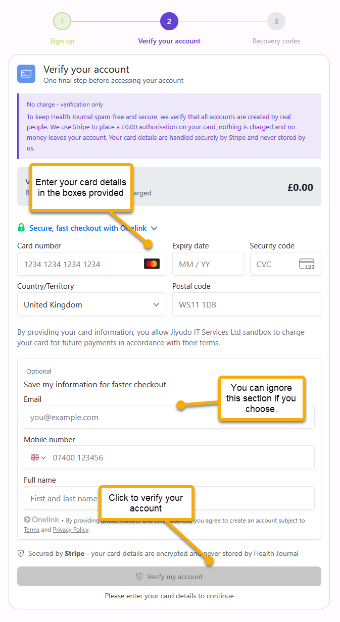 Card validation screen with callouts