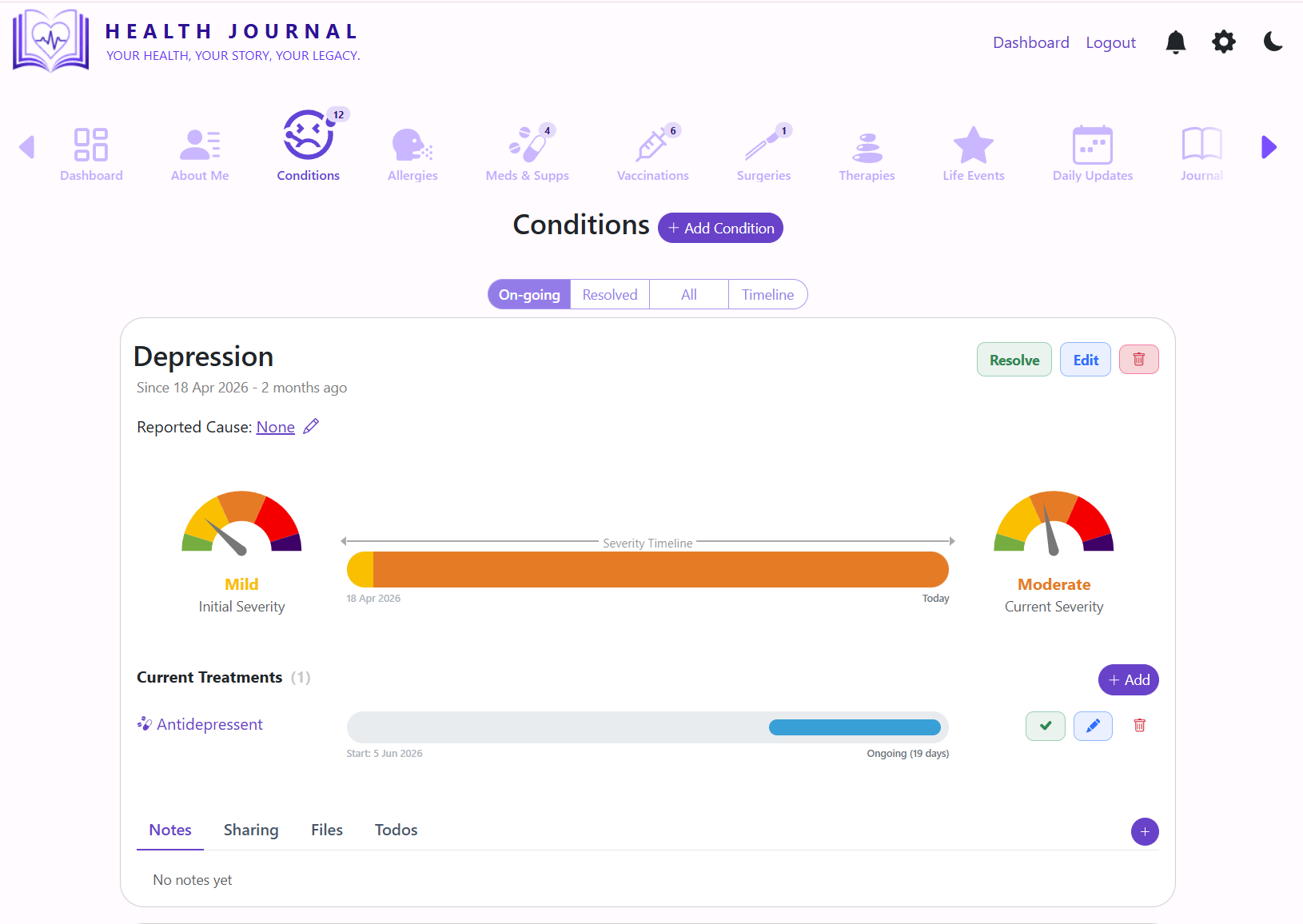 Health Journal record detail showing condition and treatment information